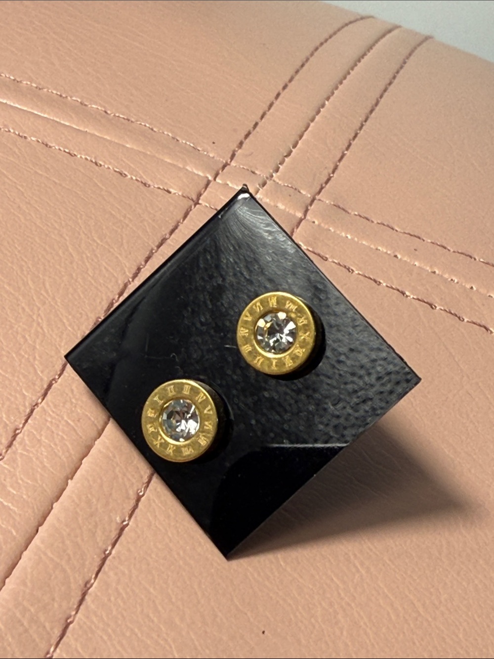 NEW Luxe Inspired Roman numeral round small crystal post earrings gold-tone
